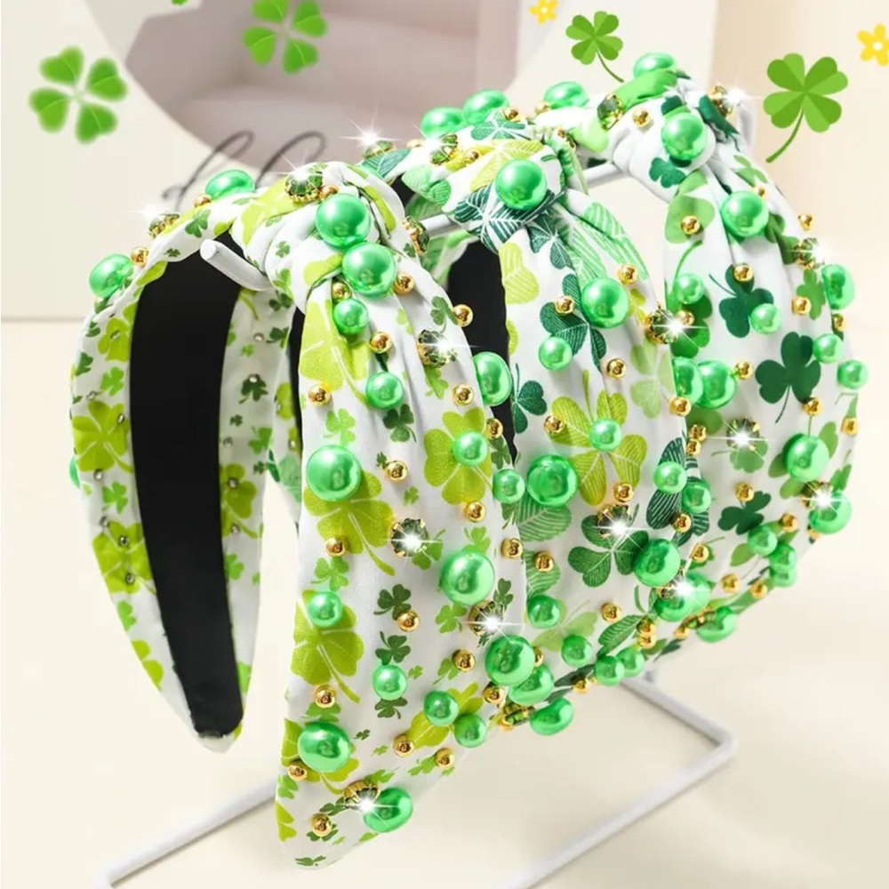 Green & Gold Beaded Shamrock Headband - Picture 2 of 5